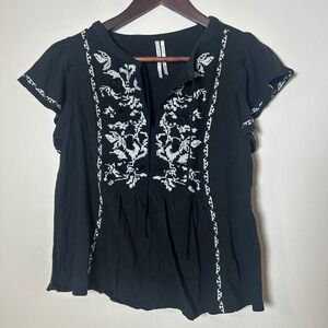 Anthropologie Black Embroidered Tunic Top Short Sleeve V Neck Boho Women's XS